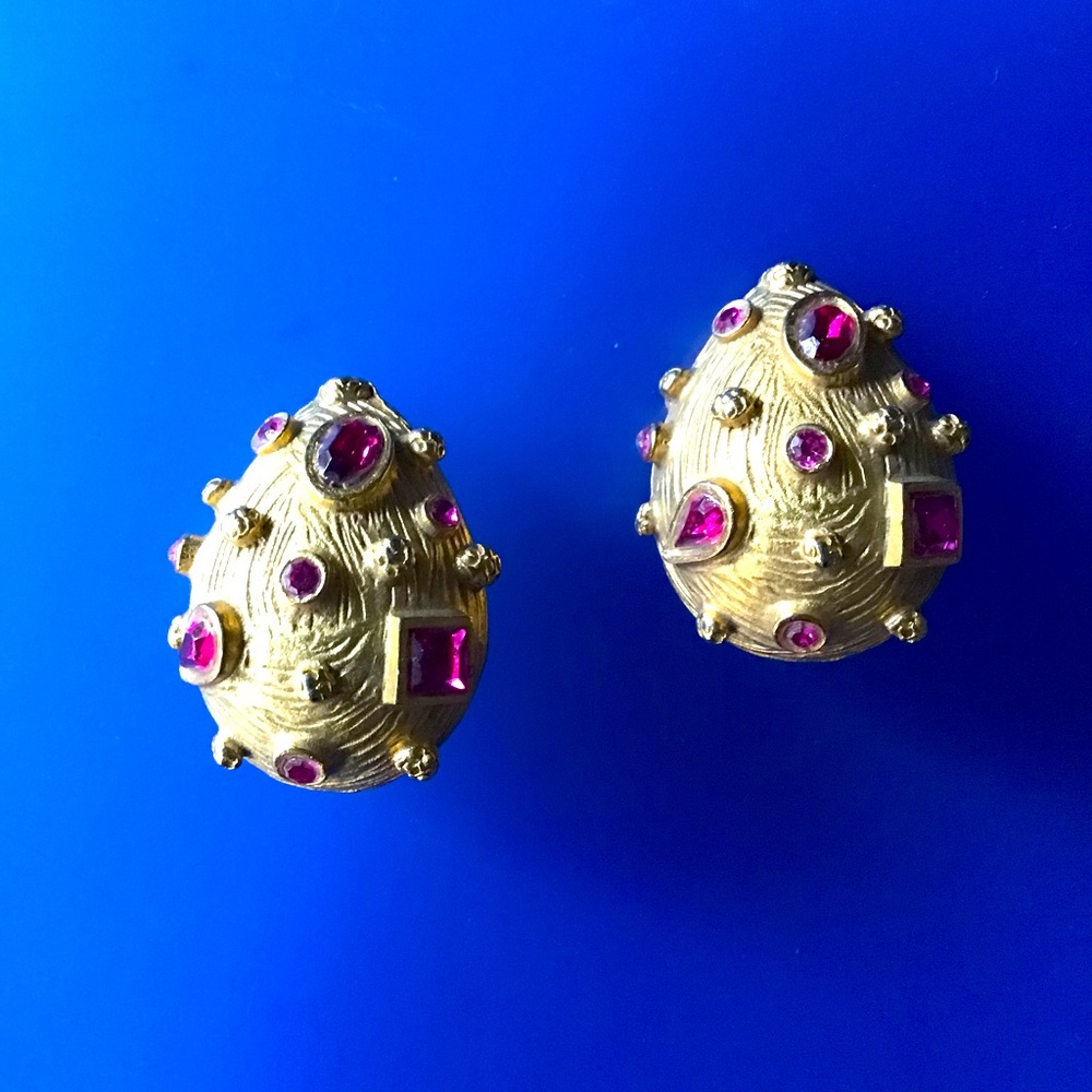 Gold Tone Metal and Red Crystal Clip Earrings